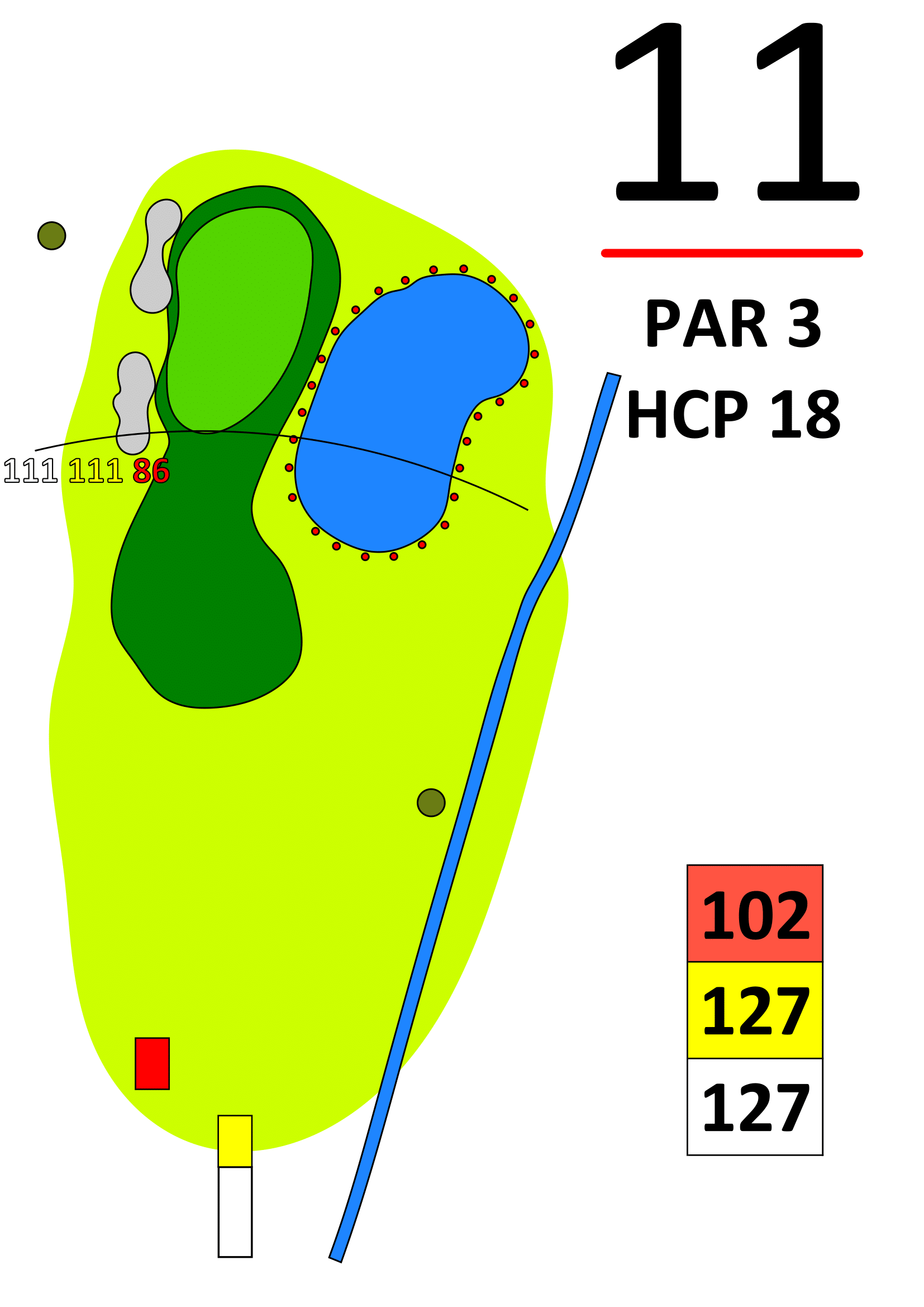 Golfplatz Karte Loch 11: Par 3, HCP 18, Tees 102/127 m, Green mit Bunkern, Wasserhindernis rechts, Fairway-Layout.