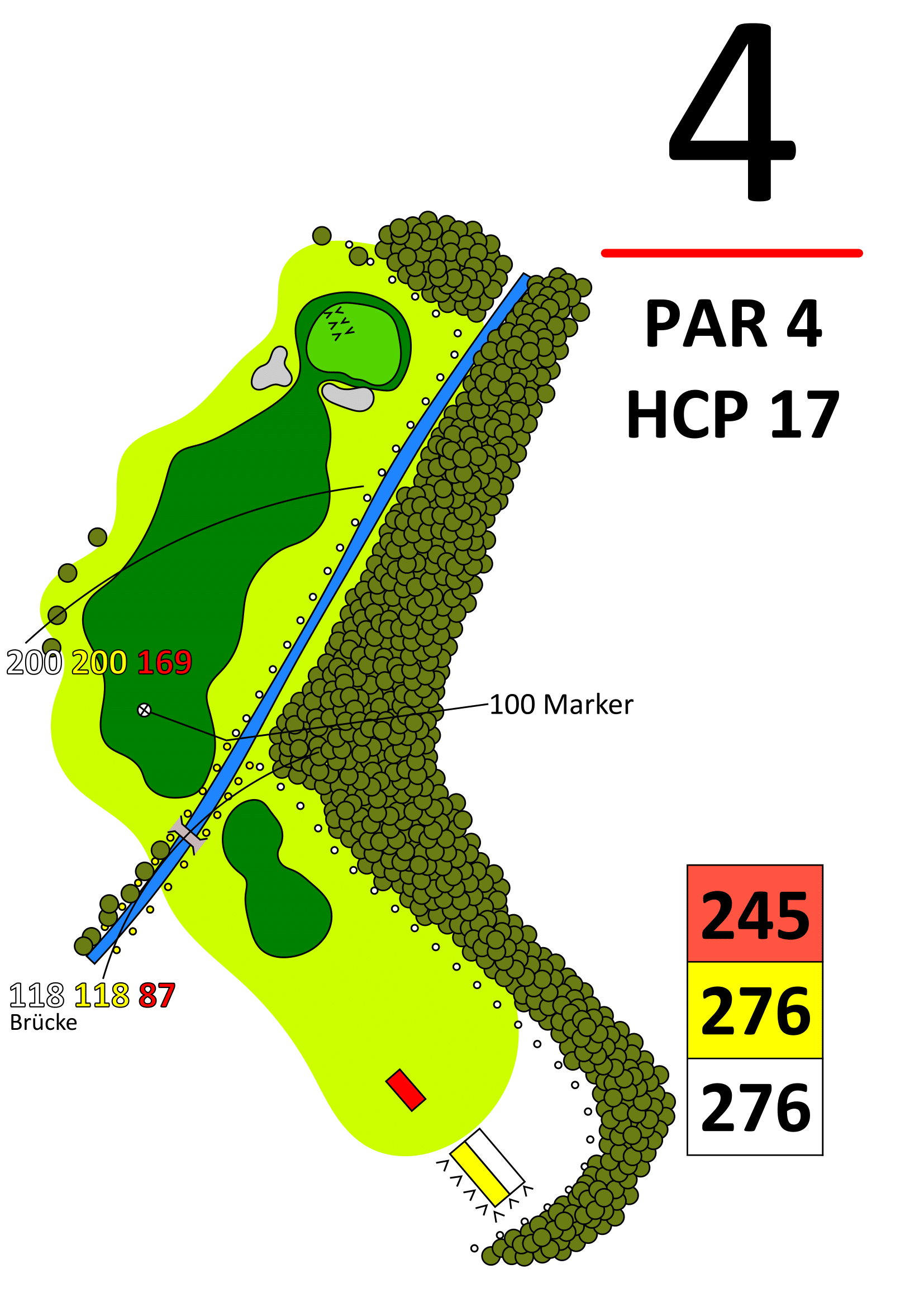 Golfplatz Bahn 4 Karte: Par 4, HCP 17 – Course Guide mit Fairway, Wassergraben, Brücke, 100‑m‑Marker und Distanzen.