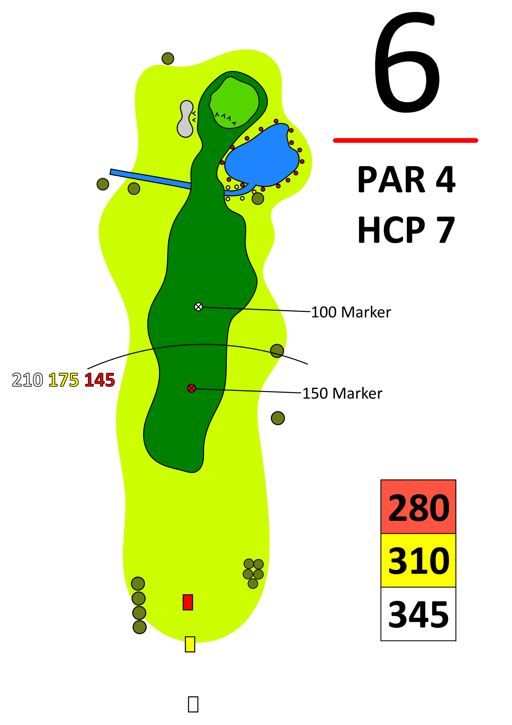 Golfplatz-Karte: Bahn 6 Par 4 HCP 7 mit Wasserhindernis am Grün, 100/150-m Marker, Tees 280/310/345 m