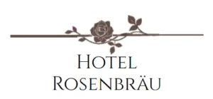 Hotel Rosenbräu Logo mit stilisierter Rose und Rankornament über dem Schriftzug