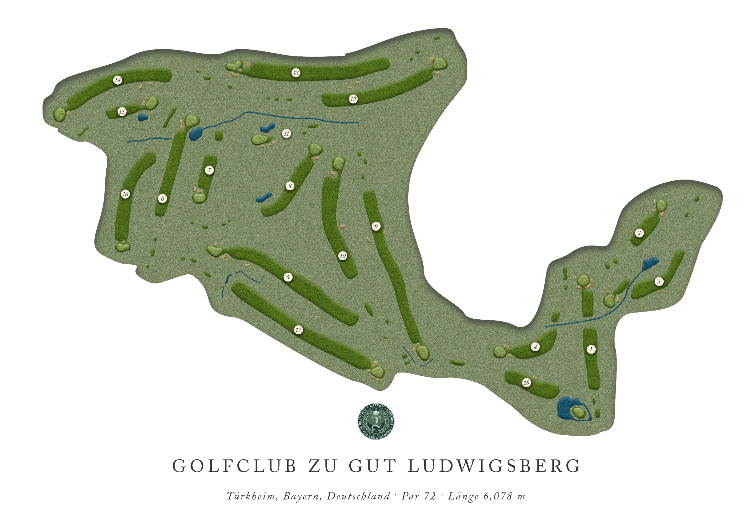 Platzkarte Golfclub zu Gut Ludwigsberg, Türkheim (Bayern) - 18-Loch Par 72, Übersicht der Fairways und Wasserhindernisse.